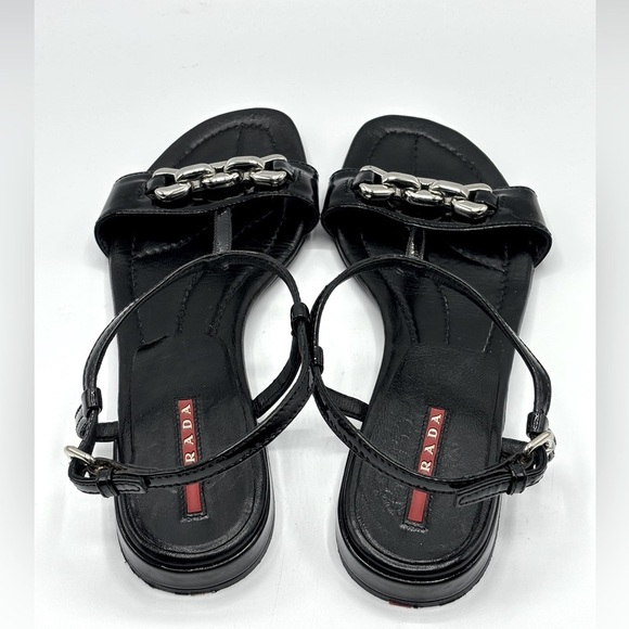 PRADA Black Patent Leather Sandals with Silver Block‎ Chain Detail - Picture 8 of 10